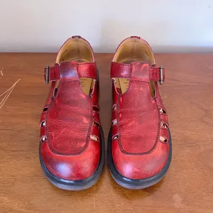Dr Martens • vintage 8251 t-strap mary janes cutout sandals red leather England thumbnail 3