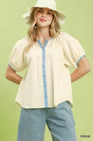 Umgee Contrast Trim Button Front Puff Sleeve‎ Blouse - Small thumbnail 1