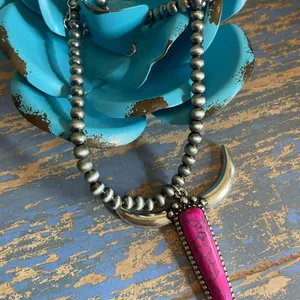 New Pink and Silver Longhorn Pendant on 18” Beaded Navajo Style Chain thumbnail 5