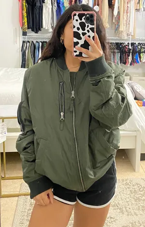 American Eagle Green Bomber Zip Up Jacket thumbnail 1