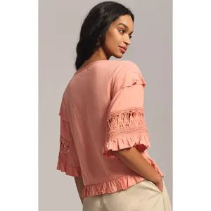 Anthro Tiny Sonoma Coral Boho Blouse XL Crochet Lace Ruffle Sleeve Peplum Top thumbnail 2