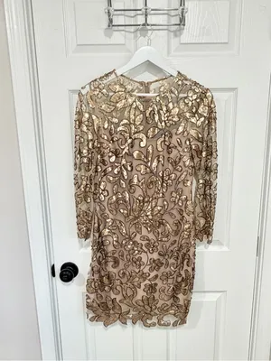 Elie Tahari Gold Sequin Mermaid Quiet Luxury Formal Cocktail Party Small Dress thumbnail 9