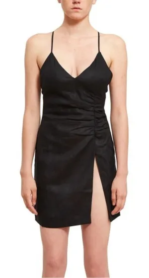 CALLIPYGIAN Linen Cinched Side Slit‎ Mini Dress Black Sz0 Size 0 thumbnail 1