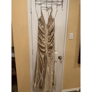 Jessica McClintock Gold Halter Evening Gown Dress Size 8 Ruched Wedding thumbnail 6