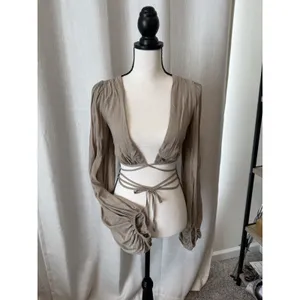 Princess Polly Cropped Top Womens 2 Beige knit Long Sleeve Boho Tie Waisted thumbnail 5