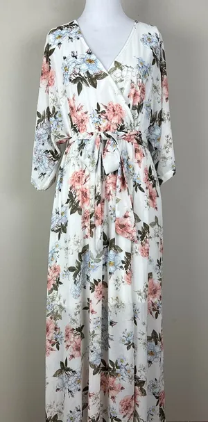BALTIC BORN Maxi‎ Dress Womens Large White Floral Belted V-Neck Feminine Flowy L thumbnail 1
