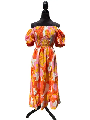 Ana & Rose Floral Smocked Midi Dress Puff Sleeve Tropical Boho Orange Pink L thumbnail 4