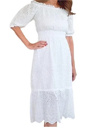 Betsey Johnson Eyelet Off The‎ Shoulder Smocked Waist Midi Dress White Large thumbnail 1