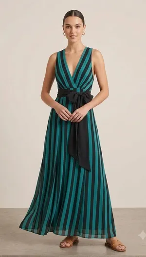 Eva Franco Maxi Dress Womens 6 Teal Black Striped‎ V-Neck Chiffon Gown CF338-H thumbnail 1