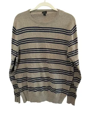 J.Crew Mens Cotton Cashmere Striped Crewneck Sweater Grey Navy Blue Large thumbnail 1