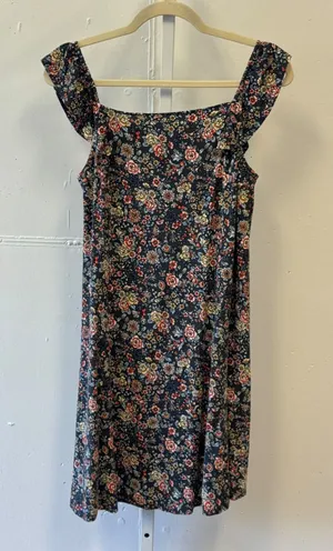 LOFT Floral Ruffle Strap Square Neck Mini Dress Black Multicolor Small Boho Soft thumbnail 1