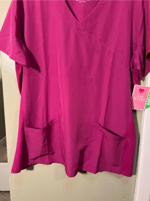 Just Scrubs Womens Sz XL 18-20 Short Sleeve Scrub Top Magenta Pink V-Neck Pocket thumbnail 3
