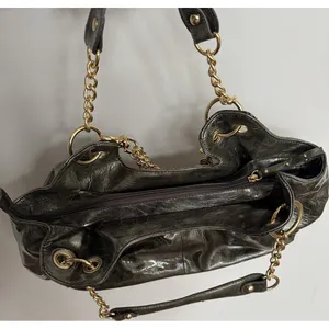Women's Y2K Slouchy Hobo Patent Leather & Gold Chunky‎ Charm Green Purse Handbag thumbnail 9