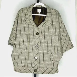 Halogen Herringbone Wool Blend Cape Coat Womens L Brown Plaid Academia Poncho thumbnail 2
