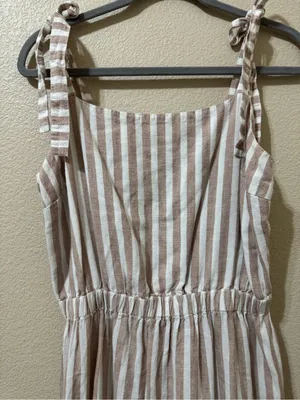 The Limited Linen Blend Tiered Midi Dress XL Beige White Stripe Tie Shoulderboho thumbnail 2