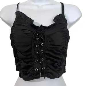 Cider Corset Top Women's Med Black Satin Lace Up Ruffle Cropped Cami Goth Punk thumbnail 2