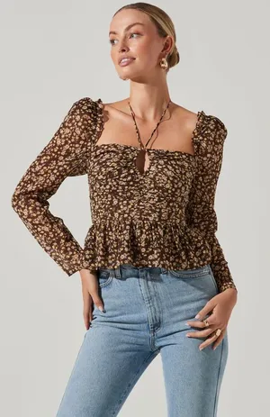 ASTR The Label Toni Ruched Halter long sleeve peplum floral top thumbnail 1
