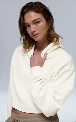 Alo NWT Bae Hoodie Ivory Cream Cropped Pullover Sweatshirt Size L thumbnail 1
