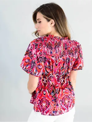 TCEC Pink Ikat Smocked Puff Sleeve Top thumbnail 2