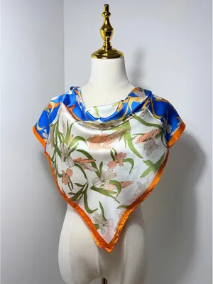 Elegant Floral Square Scarf with Blue, Orange, Green, and White Pattern thumbnail 2