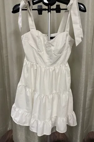 NWT Lulus White Linen-Blend Tiered Tie-Strap‎ Mini Dress - Size Large thumbnail 1