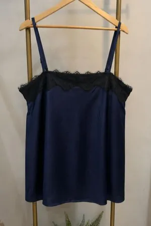 Brand New sexy top Women’s A New Day Navy Satin Camisole Black Lace Trim XXL NEW thumbnail 1