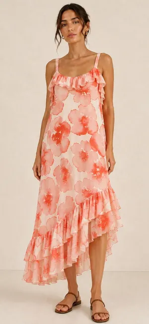 NWT ASOS Chiffon Bold Floral Romantic Ruffle Midi Dress White and Peachy Pink 6 thumbnail 1