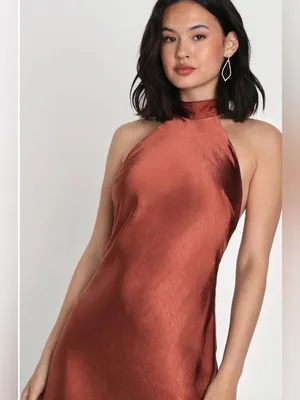 Lulus NWT Women Large Rusty Brown Halter Satin Maxi Dress thumbnail 4