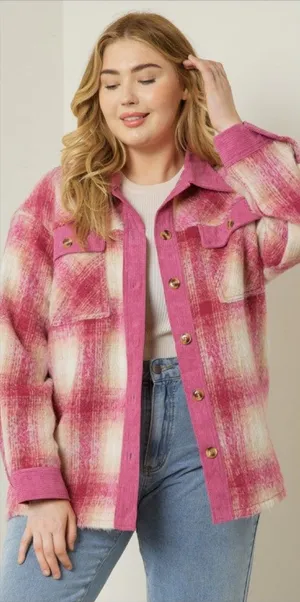 Entro Plaid Shacket Size XL Pink Corduroy Trim Button Front thumbnail 1