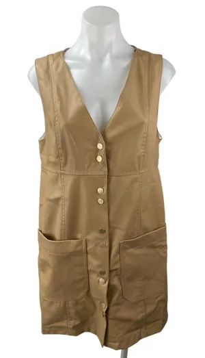 NEW Zara Beige Tan Faux Vegan Leather Sleeveless Button Down Mini Shift Dress M thumbnail 1