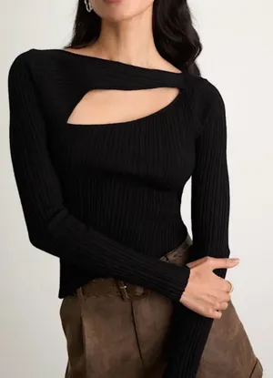 Lulus Women’s Yanis Black Ribbed Asymmetrical Cutout Long Sleeve Sweater Size XS thumbnail 1