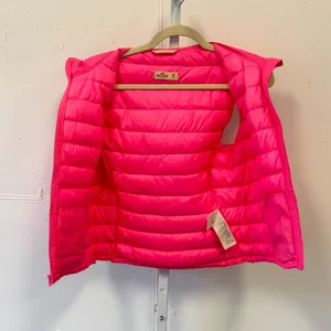Hollister Neon Pink Hooded Puffer Vest‎ Women's Medium Full Zip Quilted Casual thumbnail 3
