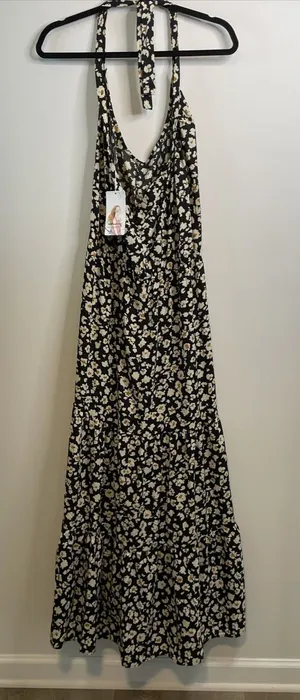 Pretty Garden Halter Maxi Dress MEDIUM Black Floral Boho Vacation Sleeveless NWT thumbnail 1