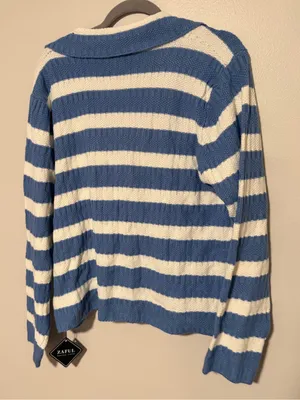 Zaful Blue White Striped Knit Cardigan Collared Button Up Coastal Preppy XL thumbnail 3