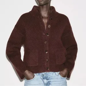 Zara NWT brown button front knit sweater cardigan bomber jacket thumbnail 1