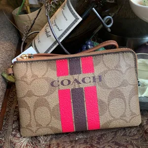 Authentic COACH Signature Coated canvas/stripes zip top card wristlet thumbnail 1