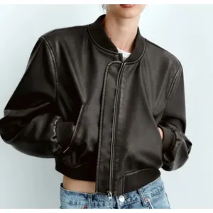 ZARA Faux Leather Cropped Bomber Jacket Brown Medium thumbnail 1