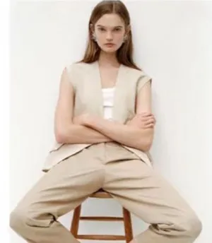 ZARA Women Beige Sleeveless Open Front Pocket Vest Blazer Oversized Medium thumbnail 1