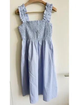 Love, Bonito Periwinkle Blue Smocked Midi Dress Ruffle Straps Cotton L NWT thumbnail 2