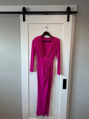 Nookie Pink Fuchsia Farrah Evening Gown Long Sleeve Stretch L thumbnail 2