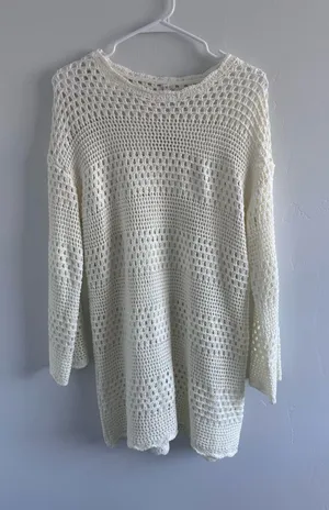Cream Crochet Open-Knit Sweater Swim Coverup Medium thumbnail 1