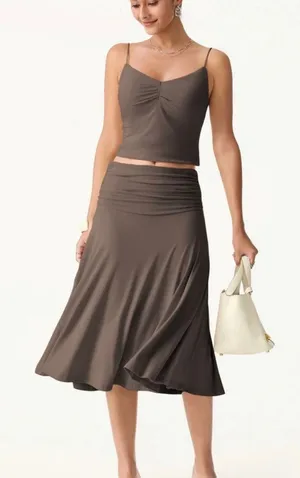 OGL Women's Size XL Iced Mocha Flowy Side Ruched A-Line Midi Skirt Casual thumbnail 1