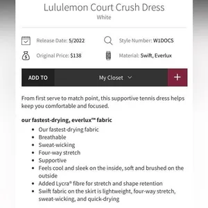 Lululemon Women’s‎ Size 2 Court Crush Tennis Dress Solid White Sporty New thumbnail 11