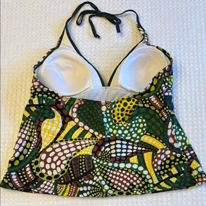 MERONA Tankini Halter Swimsuit Top Size LARGE Colorful Print Green Yellow thumbnail 6