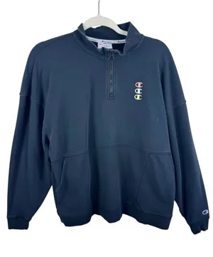 Champion‎ Black Cotton Blend 1/4 Zip Mock Neck Pullover Sweatshirt Size L thumbnail 1