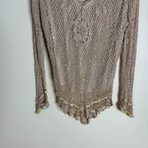 R & M Richards Y2K Beige Crochet Knit Fairycore Long Sleeve Top with Sequins Size L Festival thumbnail 4