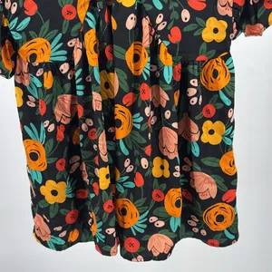 Entro Floral babydoll Blouse M Black Orange Yellow Green colorful flowy silky thumbnail 5