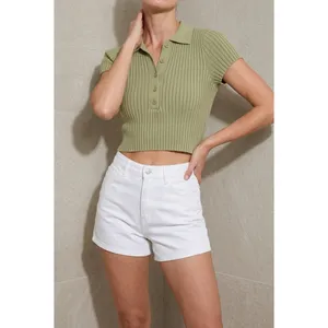Brandy Melville Sage Green Ribbed Knit Polo Crop Top Small Cotton Short Sleeve thumbnail 4