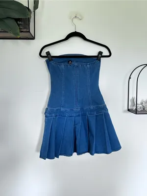 Windsor Denim Strapless Pleated Mini Dress Y2K Style Size XS thumbnail 2