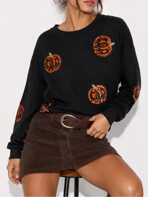 Black Sequin Pumpkin Halloween Sweatshirt Oversized Cozy Fall Medium NWOT thumbnail 1